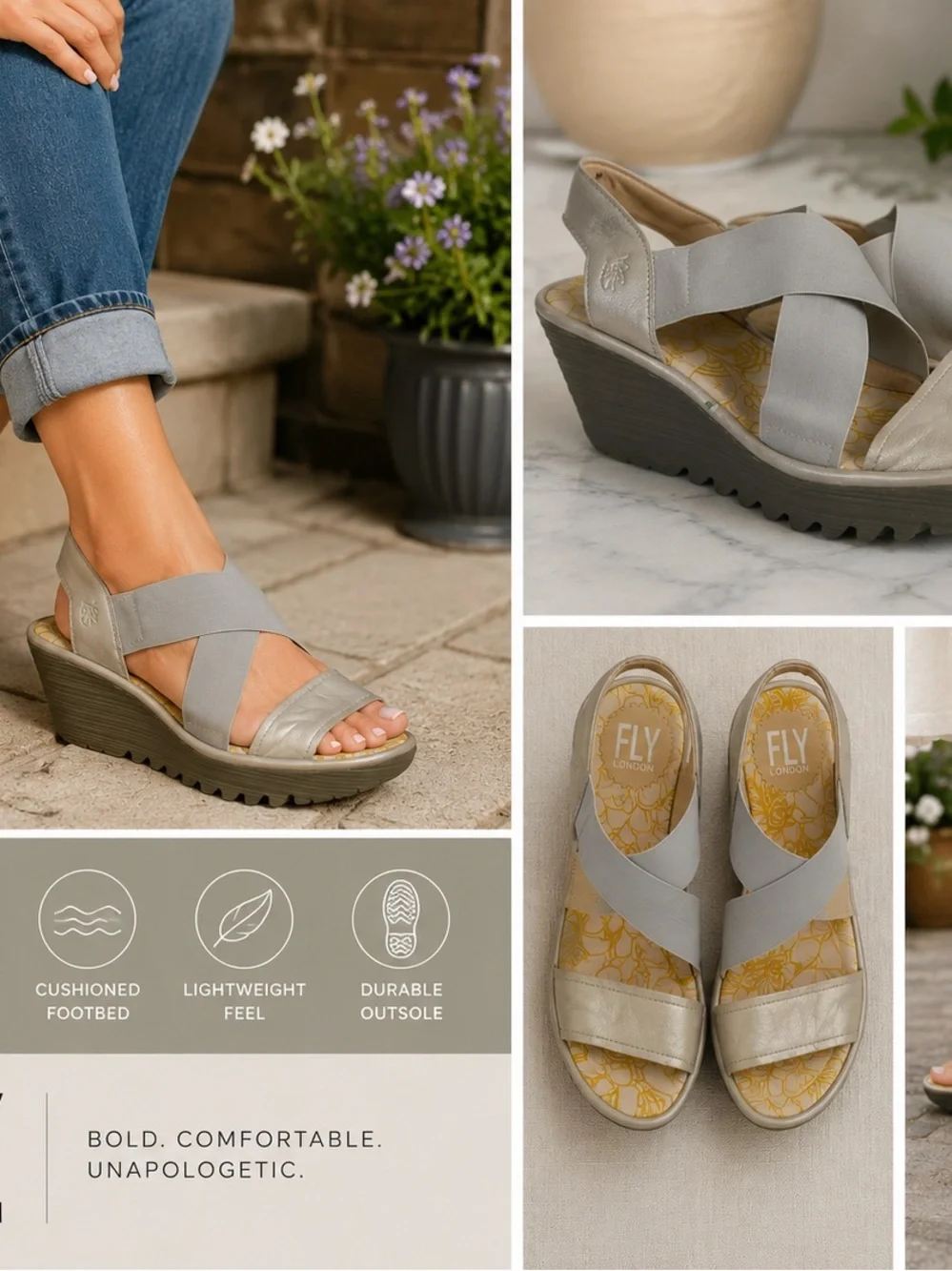 Fly London Yaji Wedge Sandals Gray Leather Elastic Comfort Casual EU 42 US 11